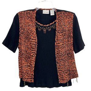 NAPA VALLEY Womens Top Attached Vest Accordian Stretch Black Orange Sz L Vintage